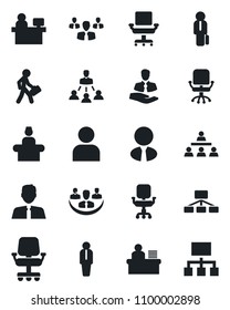 Set of vector isolated black icon - reception vector, manager, office chair, place, client, user, company, desk, hierarchy, estate agent, group
