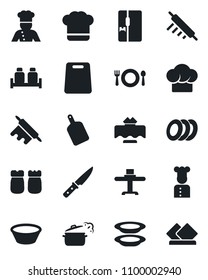 Set of vector isolated black icon - fridge vector, cook, restaurant table, cafe, hat, plates, salt and pepper, bowl, rolling pin, cutting board, knife, steaming pan, serviette