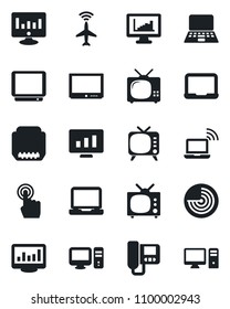 Set of vector isolated black icon - plane radar vector, wireless notebook, pc, statistic monitor, tv, touch screen, laptop, hdmi, statistics, intercome