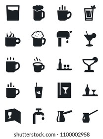 Set of vector isolated black icon - hot cup vector, coffee, water supply, alcohol, wine card, drink, cocktail, phyto bar, beer, turkish
