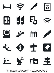 Set of vector isolated black icon - escalator vector, flight table, identity card, book, pen, document reload, satellite antenna, sim, notes, wireless, face id, bedroom, information, guidepost