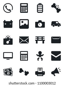 Set of vector isolated black icon - bomb in case vector, baby, camera, mail, bench, broken bone, cash, monitor, battery, gallery, calculator, printer, phone, car, advertising