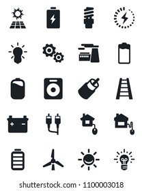 Set of vector isolated black icon - factory vector, ladder, speaker, battery, rca, charge, windmill, home control, bulb, energy saving, sun panel, alarm led, gear, idea