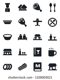 Set of vector isolated black icon - spoon and fork vector, coffee, cook, alcohol, restaurant table, cafe, wine card, menu, plates, bacon, salt pepper, building, ham, bowl, serviette, storefront