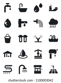 Set of vector isolated black icon - bucket vector, watering, water drop, rain, well, drip irrigation, sea shipping, pool, supply, warehouse, bathroom, filter, warm floor