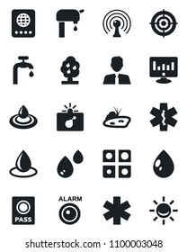 Set of vector isolated black icon - bomb in case vector, passport, statistic monitor, water drop, ambulance star, antenna, application, target, pond, supply, fruit tree, estate agent, alarm led
