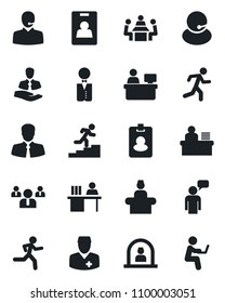 Set of vector isolated black icon - reception vector, speaking man, team, manager place, run, doctor, support, client, identity card, desk, meeting, career ladder, waiter, pass, with notebook