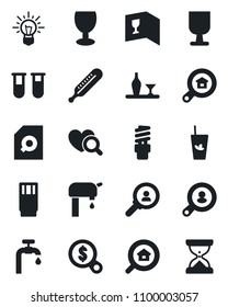 Set of vector isolated black icon - blood test vial vector, thermometer, heart diagnostic, fragile, document search, water supply, estate, client, alcohol, wine card, drink, phyto bar, consumer