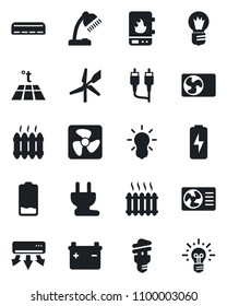 Set of vector isolated black icon - bulb vector, low battery, rca, charge, desk lamp, heater, air conditioner, power plug, fan, water, warm floor, energy saving, windmill, idea