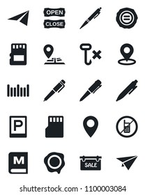 Set of vector isolated black icon - parking vector, no mobile, pen, stamp, navigation, pin, hook, barcode, sd, place tag, sale, menu, open close, paper plane