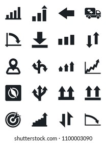Set of vector isolated black icon - left arrow vector, growth statistic, crisis graph, route, navigation, up side sign, sorting, data exchange, download, compass, bar, moving, target