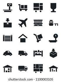 Set of vector isolated black icon - plane vector, railroad, car delivery, sea port, container, consolidated cargo, fragile, warehouse storage, package, heavy scales, rack