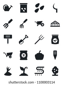 Set of vector isolated black icon - garden fork vector, shovel, farm, watering can, wheelbarrow, sproute, sickle, plant label, pumpkin, greenhouse, seeds, fertilizer, drip irrigation, fruit tree