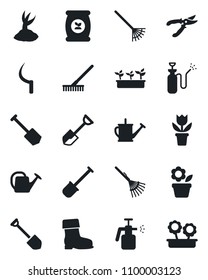 Set of vector isolated black icon - job vector, flower in pot, shovel, rake, watering can, sproute, pruner, boot, seedling, sickle, garden sprayer, fertilizer