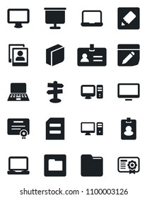 Set of vector isolated black icon - identity vector, notebook pc, document, signpost, monitor, laptop, folder, notes, photo gallery, presentation board, blank box, pass card, certificate