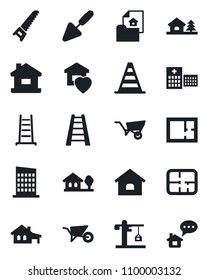 Set of vector isolated black icon - border cone vector, trowel, ladder, wheelbarrow, saw, hospital, house, with garage, tree, plan, estate document, sweet home, city, crane, message