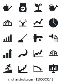 Set of vector isolated black icon - growth statistic vector, watering can, sproute, hoe, sickle, greenhouse, fertilizer, drip irrigation, bar graph, pie, point, career ladder, crisis, presentation