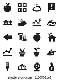 Set of vector isolated black icon - left arrow vector, contract, seedling, plant label, greenhouse, pond, important flag, application, point graph, house with tree, fruit, apple, eco, money bag