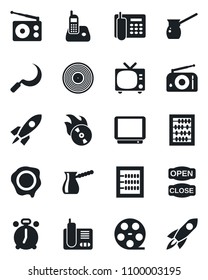 Set of vector isolated black icon - alarm clock vector, tv, abacus, stamp, sickle, reel, vinyl, flame disk, radio, phone, office, open close, turkish coffee, rocket