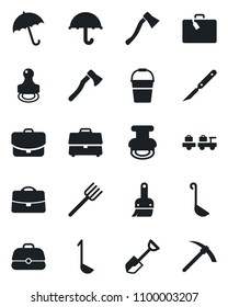 Set of vector isolated black icon - suitcase vector, umbrella, baggage larry, shovel, farm fork, bucket, axe, scalpel, themes, case, stamp, ladle, hard work