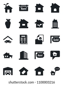 Set of vector isolated black icon - office building vector, house, real heart, contract, with garage, estate document, rent, sold signboard, smart home, city, eco, message