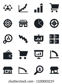 Set of vector isolated black icon - checkroom vector, growth statistic, crisis graph, store, pie, hr, target, consumer search, wallet, cart, presentation, storefront