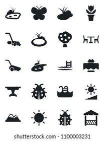 Set of vector isolated black icon - cafe vector, flower in pot, lawn mower, butterfly, lady bug, sun, pond, brightness, pool, fruit tree, mountains, table, restaurant, alcove