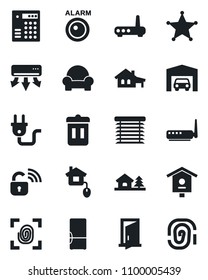 Set of vector isolated black icon - bird house vector, with garage, tree, cushioned furniture, fridge, home control, power plug, fingerprint, wireless lock, router, air conditioner, jalousie, police