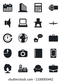 Set of vector isolated black icon - plane vector, mobile phone, office building, case, mouse, calendar, tree, fireplace, earth, camera, speaker, video, copybook, calculator, notebook pc, clock