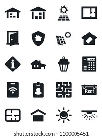 Set of vector isolated black icon - warehouse storage vector, house with garage, sun panel, plan, rent, smart home, chip, outdoor lamp, protect, door, combination lock, information, pass card