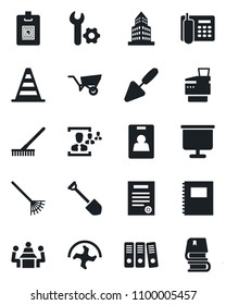 Set of vector isolated black icon - border cone vector, job, trowel, ripper, rake, wheelbarrow, root setup, copybook, presentation board, office building, identity card, hr, phone, paper binder