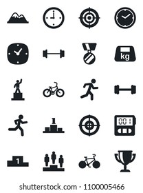 Set of vector isolated black icon - pedestal vector, medal, barbell, bike, run, heavy, clock, stopwatch, target, mountains, award cup