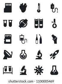 Set of vector isolated black icon - satellite antenna vector, book, blood test vial, dropper, microscope, ampoule, real heart, joint, virus, sd, thermometer, rocket, flask