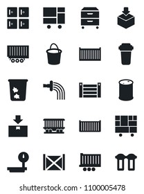 Set of vector isolated black icon - trash bin vector, checkroom, bucket, watering, railroad, truck trailer, cargo container, consolidated, package, oil barrel, heavy scales, archive box