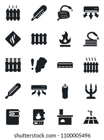 Set of vector isolated black icon - fire vector, hose, fireplace, thermometer, heater, air conditioner, candle, water, smoke detector, radiator, warm floor