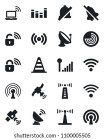 Set of vector isolated black icon - antenna vector, wireless notebook, border cone, radar, satellite, equalizer, mute, cellular signal, lock
