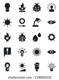 Set of vector isolated black icon - sun vector, bulb, lady bug, fire, eye, important flag, brightness, desk lamp, water, energy saving, shining head, idea