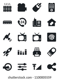 Set of vector isolated black icon - tomography vector, 24 hours, satellite, equalizer, video camera, radio phone, rca, tuning, fingerprint id, cellular signal, printer, heater, air conditioner, tv