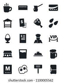 Set of vector isolated black icon - plant label vector, seeds, cook, menu, reserved, reception, drink, coffee, beer, egg stand, cafe building, vip zone, alcove, credit card, restaurant receipt, ham