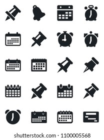 Set of vector isolated black icon - alarm clock vector, drawing pin, calendar, term, paper, bell, schedule
