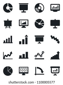 Set of vector isolated black icon - growth statistic vector, presentation board, crisis graph, circle chart, monitor pulse, statistics, bar, pie, point