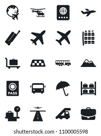 Set of vector isolated black icon - plane vector, runway, taxi, suitcase, baggage trolley, airport bus, umbrella, passport, ladder car, helicopter, seat map, luggage storage, scales, globe, case
