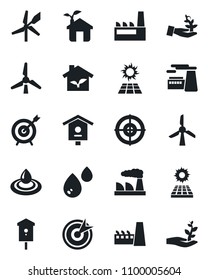 Set of vector isolated black icon - factory vector, bird house, target, sun panel, windmill, eco, water, palm sproute
