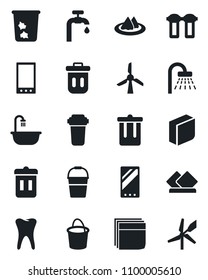 Set of vector isolated black icon - trash bin vector, shower, bucket, tooth, mobile, blank box, water supply, bathroom, serviette, filter, windmill