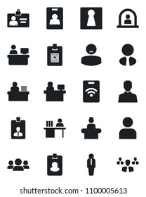 Set of vector isolated black icon - female vector, reception, manager, identity card, place, patient, user, desk, estate agent, pass, group