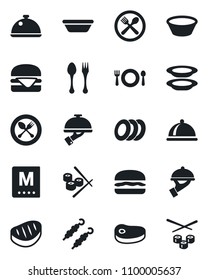 Set of vector isolated black icon - spoon and fork vector, dish, cafe, menu, plates, waiter, steak, kebab, hamburger, bowl, sushi