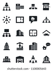 Set of vector isolated black icon - hierarchy vector, well, hospital, office building, garage, plan, home message