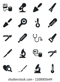 Set of vector isolated black icon - trowel vector, pruner, saw, stethoscope, blood pressure, thermometer, heart diagnostic, microscope, scalpel, microphone