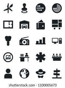 Set of vector isolated black icon - no laptop vector, stamp, radar, ambulance star, implant, consolidated cargo, radio, user, network, bar graph, manager desk, meeting, garage, plan, dress code, pc