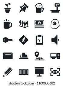 Set of vector isolated black icon - reception bell vector, team, seedling, pulse clipboard, navigation, cash, cargo container, heavy scales, coffee, presentation board, drawing pin, pencil, mail, pc